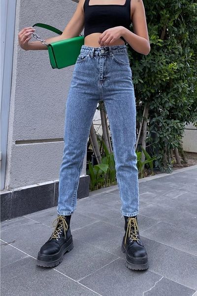 DRC trend Blugi Mom din denim albastru cu talie înaltă - spălați pe zăpadă, tăiat prietenos România