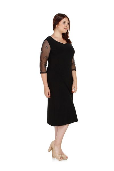 Nidya Moda Women's Black Sleeve Mirror Tulle Evening Dress 4082S