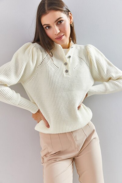Bianco Lucci Women's Beige Collar Stone Embroidered Knitwear Sweater 20235014