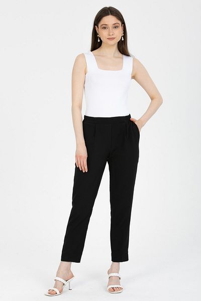 MD trend Pantaloni de damă, negri, cu talie elastică, cu dublu buzunar, tăiat morcov