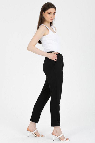 MD trend Pantaloni de damă, negri, cu talie elastică, cu dublu buzunar, tăiat morcov