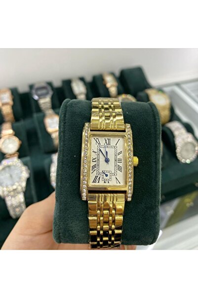 ÇENÇEN Roma Rakam Altın Taşlı Diktörtgen Cartier Model Metal Kordon Kadın Saat