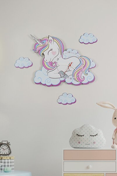 Genel Markalar Sevimli Unicorn Çocuk Odası Ahşap Duvar Saati Elf-2312026