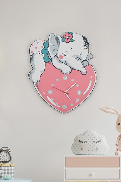 elfidadesign Sevimli Fil Ve Kalp Çocuk Odası Ahşap Duvar Saati Elf-2312047