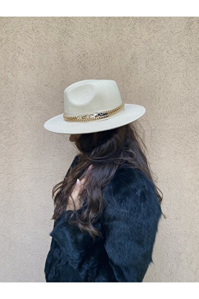 laviyonsa Çıkarılabilir Zincir Aksesuarlı Kovboy Keçe Fötr Şapka (BEJ) !