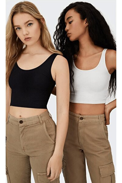 ROSE CHİC Crop top negru/alb pentru femei - Set 2 piese cu bretele cu nervuri