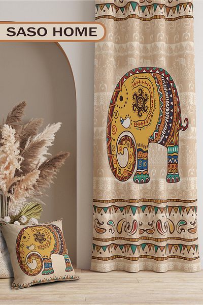 SasoHome Ethnic Indian Embroidered Elephant Pattern Velvet 140 X 270 cm Ποιότητα - Ψηφιακή τυπωμένη κουρτίνα φόντου