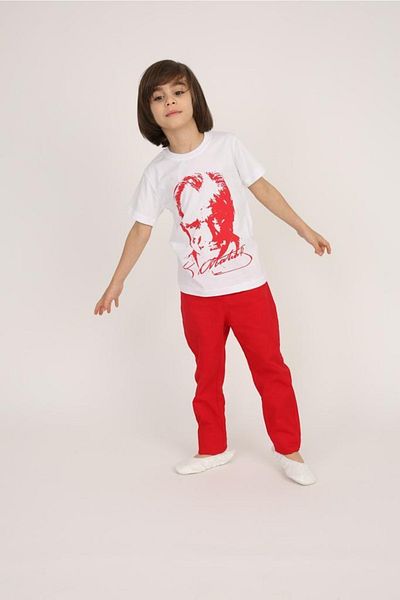 FATELLA Boy's Short Sleeve Ataturk Printed T-shirt Linen Trousers Suit School Performance 23 April 29 October