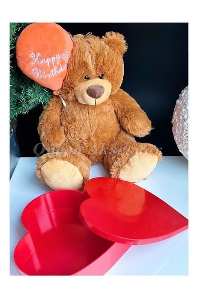 QUEEN AKSESUAR Happy Birthday Cute Giant Plush Toy Teddy Bear with Written Balloons Bright Red Heart Box Bear Set