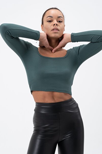 PUNKY CAT Women's Petrol Green Long Sleeve Square Neck Corded Blouse