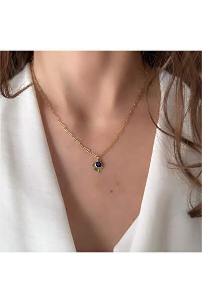 Serline Desing 925 Ayar Gold Ataç Zincir - Nazar Boncuk Şans Yoncası Gümüş Kolye