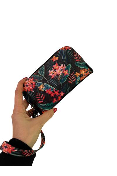 Pinkylola Make -up Model Koyu Yeşil Palmiye Turuncu Fuşya Çiçek Baskılı Suni Deri Cüzdan & Makyaj Çantası