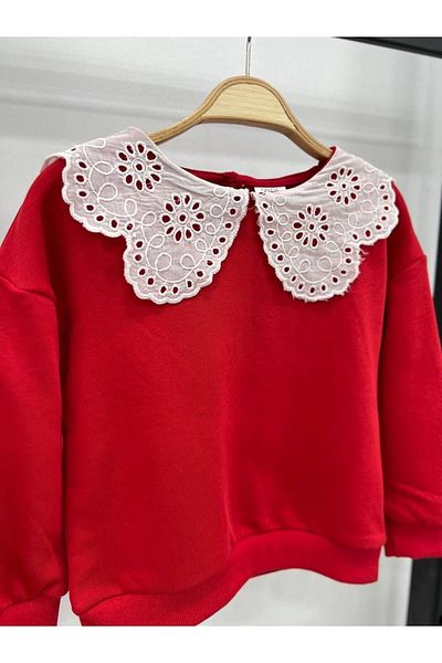 Pink Hippo Kids Girl's Sweatshirt with Scallop Lace Detail on the Collar