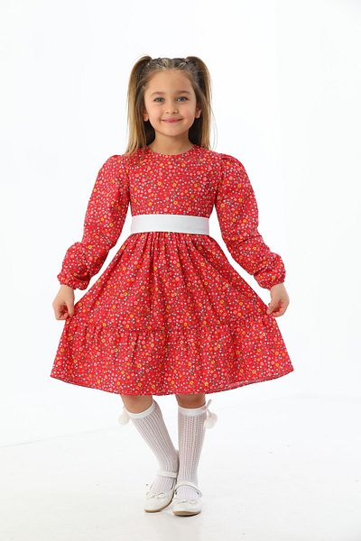 Moda Lippa Red Floral Patterned Layered Girl's Dress