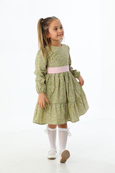 Moda Lippa Fıstık Yeşil Çiçek Desenli Kat Kat Kız Çocuk Elbise