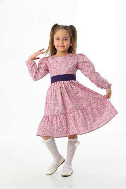 Moda Lippa Mor Çiçek Desenli Kat Kat Kız Çocuk Elbise