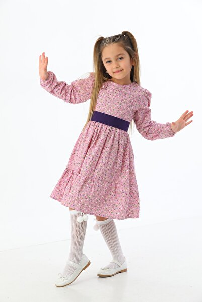 Moda Lippa Mor Çiçek Desenli Kat Kat Kız Çocuk Elbise