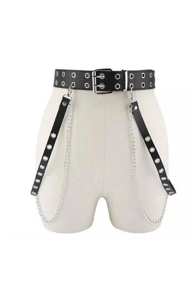 Köstebek Gothic Punk Eyelet Detailed Triple Black Leather Belt with Chain