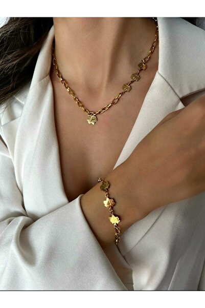 YUGENCONCEPT Gold Yaprak Model Kolye & Künye Set