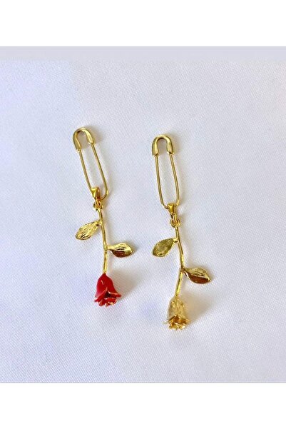 soiestore Şahsu Şahmeran Tasarım Çengel Gül Küpe Altın Kaplama Kırmızı ( 1 Adet )