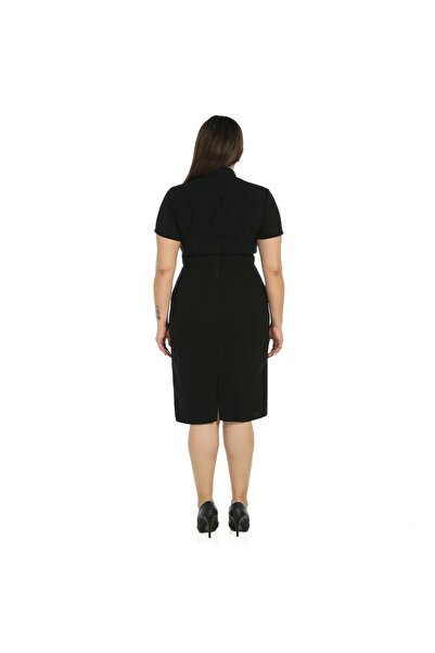 Nidya Moda Büyük Beden Kruvaze Yaka Siyah Abiye Elbise-4098s