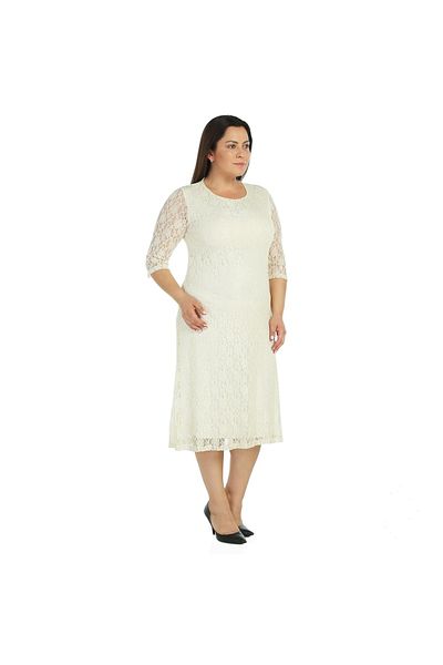 Nidya Moda Large Size Flared Ecru Lace Evening Dress-4036e