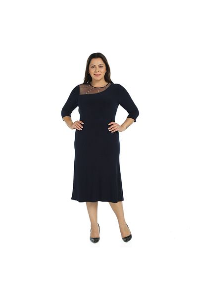 Nidya Moda Women's Navy Blue Stone Embroidered Tulle Combination Evening Dress 4089L