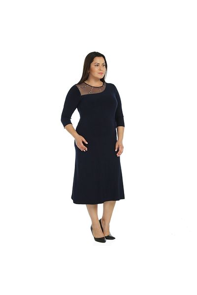Nidya Moda Women's Navy Blue Stone Embroidered Tulle Combination Evening Dress 4089L