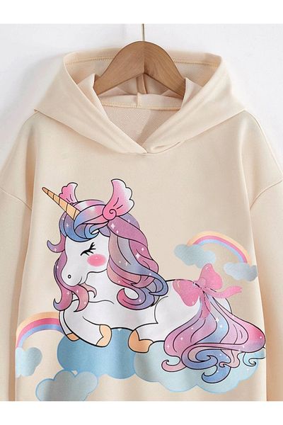 Keywest Unicorn Patterned Oversize Hooded Girl's Sweatshirt