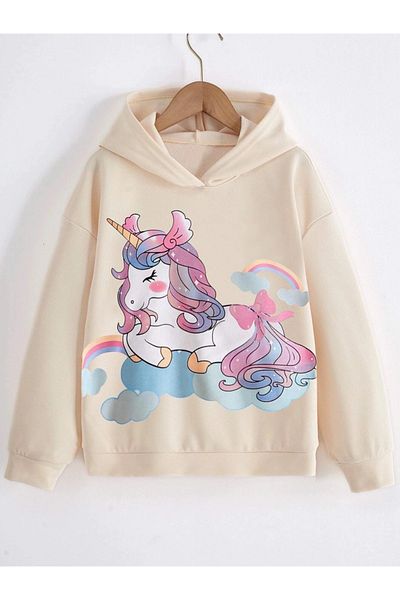 Keywest Unicorn Patterned Oversize Hooded Girl's Sweatshirt