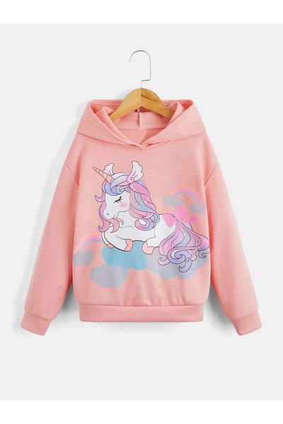 Machetta Kids Hooded Oversize Unicorn Unicorn Printed Girl's Sweatshirt