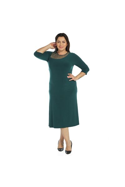 Nidya Moda Women's Green Stone Embroidered Tulle Combination Evening Dress 4089Y