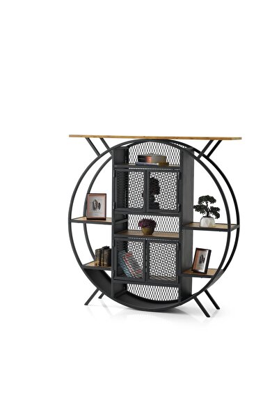 Erezogulları Mobilya Dekoratif Raflı Ferforje Kapaklı Yuvarlak Kitaplık 125x30x128cm