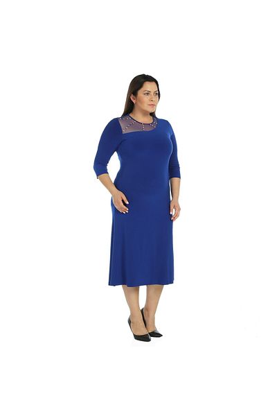 Nidya Moda Women's Saks Stone Embroidered Tulle Combination Evening Dress 4089SX