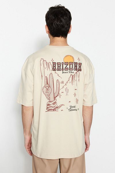 Trendyol Collection Arizona City εμπριμέ μπεζ υπερμεγέθη βαμβακερό μπλουζάκι - TMNSS23TS00164
