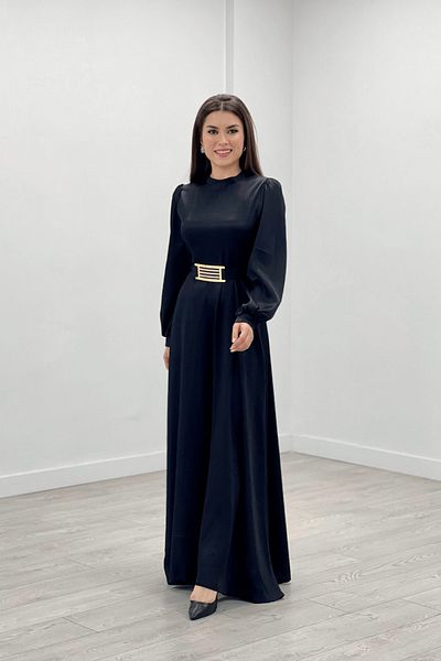 giyimmasalı Satin Fabric Belt Detailed Evening Dress - Black
