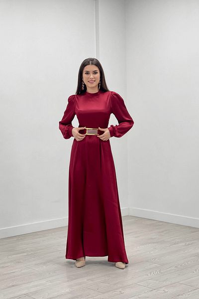 giyimmasalı Burgundy Satin Evening Dress - Belt Detailed