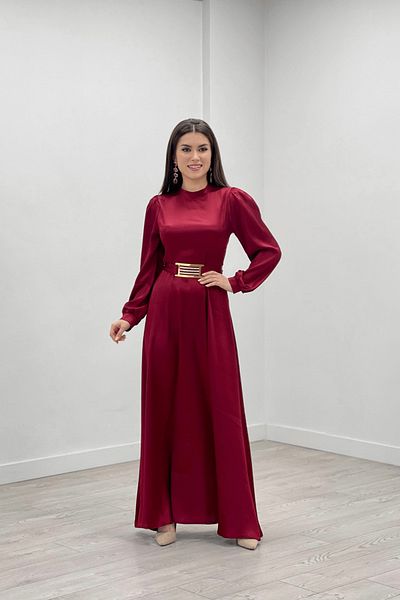 giyimmasalı Burgundy Satin Evening Dress - Belt Detailed
