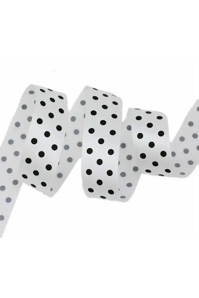 Deniz Party Store Satin Ribbon with Black Polka Dots on White 1 Cm 45 Meters 50 Yards
