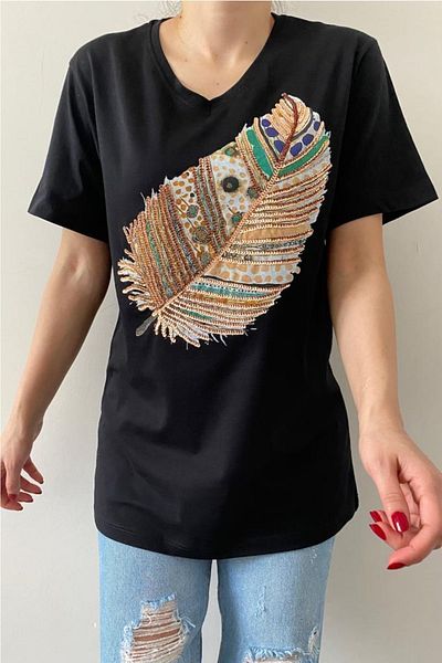 FEMELLE Tricou negru din bumbac, cu decolteu în V, brodat cu paiete