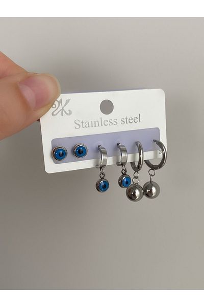 Owentis Steel Silver Set of 6 Addison Eye Earrings - No Darkening-