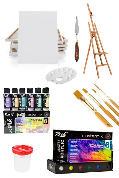 everart Tuval 35x50 3 Ayaklı Şövale Fırça Seti Master Mix 6 Pastel 6 Canlı Renkler Akrilik Set