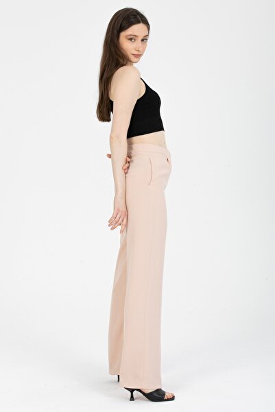 MD trend Women's Beige High Waist Pleated Fabric Palazzo Pants