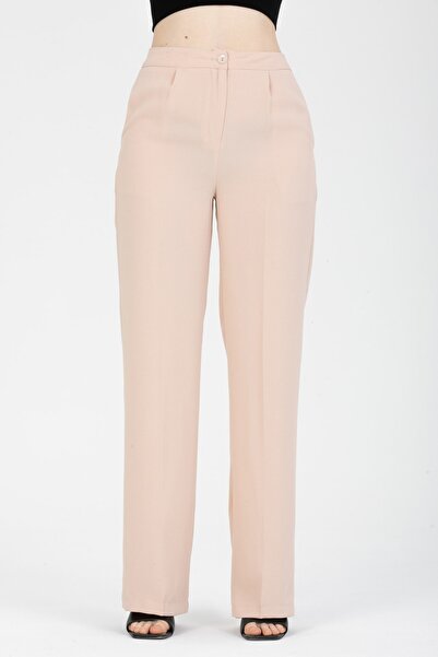 MD trend Women's Beige High Waist Pleated Fabric Palazzo Pants