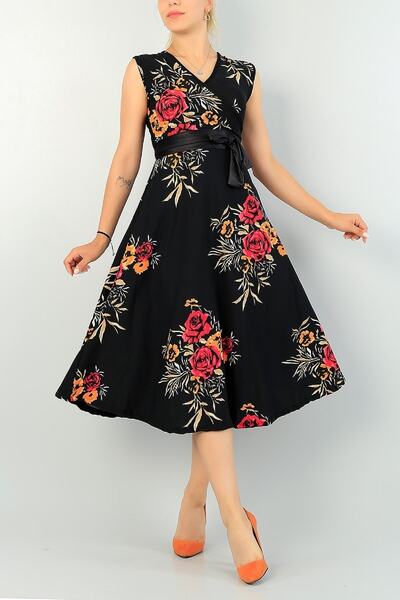lovebox Floral Patterned Double Breasted Collar - Flexible Leather Flared Midi Evening Dress & Homecoming Dress 71724