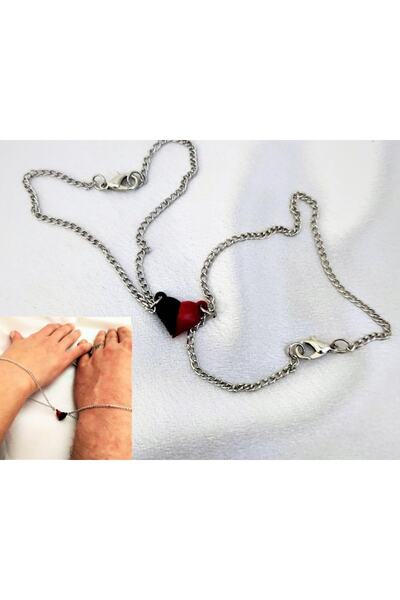 TÜKKAN ACCESSORİES Kırmızı-siyah Kalp Mıknatıslı Sevgili Çift Bileklik,,bff B...