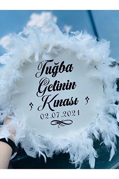 Genel Markalar Beyaz Isim Yazılı Zilli Tüylü Otriş Deri Tef Gelin Tefi Kına G...