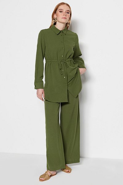Trendyol Modest Zestaw koszula-spodnie khaki z tkaną tkaniną aerobinową o lnianym wyglądzie TCTSS23US00032
