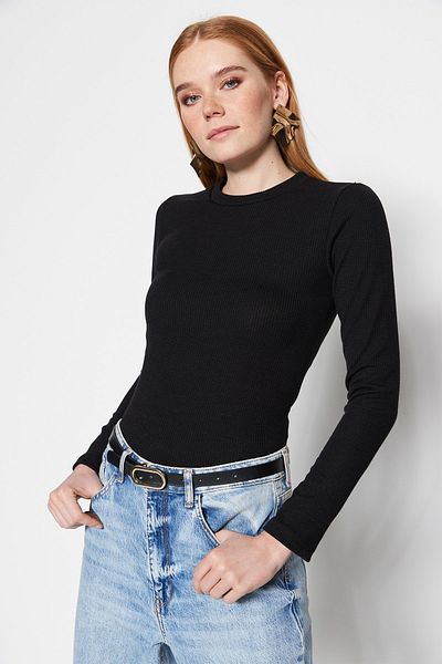 Trendyol Modest Black-Beige 2-Pack Long Sleeve Bottom Snap Fastener Knitted Underwear Lining Body TCTSS23UK00062