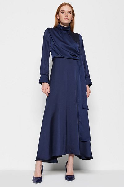 Trendyol Modest Tmavě modré večerní šaty rovného hidžábu TCTSS23DB00020